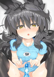 Rule 34 | 1girl, animal ears, black hair, black thighhighs, blue shirt, blush, bottomless, char, commentary request, convenient censoring, fingernails, hair between eyes, highres, long hair, looking at viewer, necro-san, nose blush, original, parted lips, ramune, shirt, short sleeves, solo, sweat, thighhighs, very long hair, yellow eyes