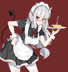 Rule 34 | 1girl, absurdres, alternate costume, apron, black tail, blush, breasts, commentary request, demon girl, demon horns, demon tail, dickbomber, dress, enmaided, food, fork, frilled apron, frills, helltaker, highres, holding, holding tray, horns, korean commentary, long hair, looking at viewer, lucifer (helltaker), maid, maid apron, maid headdress, mole, mole under eye, pancake, puffy sleeves, silver hair, simple background, smile, solo, tail, thighhighs, tray, waist apron, white apron, white horns, wrist cuffs