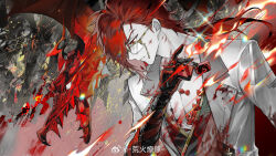Rule 34 | blood, blood on clothes, blood on face, chinese commentary, closed mouth, coattails, collared jacket, colored skin, commentary request, dragon, expressionless, fire, glasses, highres, holding, holding lighter, huang huo liaoyuan, injury, jacket, lighter, long hair, long sleeves, looking ahead, low ponytail, male focus, mortefi (wuthering waves), open clothes, open jacket, pectoral cleavage, pectorals, red eyes, red hair, scar, scar on chest, watermark, weibo logo, weibo watermark, white jacket, white skin, white sleeves, wuthering waves, yellow-framed eyewear