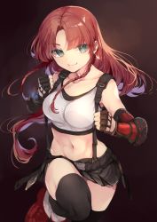 Rule 34 | 1girl, black skirt, black thighhighs, braid, breasts, brown hair, clenched hands, collarbone, commentary request, cosplay, crop top, elbow pads, final fantasy, final fantasy vii, fingerless gloves, gloves, green eyes, highres, hong meiling, long hair, looking at viewer, low-tied long hair, medium breasts, midriff, miniskirt, navel, red footwear, risui (suzu rks), shoes, skirt, smile, solo, stomach, suspender skirt, suspenders, tank top, thighhighs, thighs, tifa lockhart, tifa lockhart (cosplay), touhou, twin braids