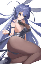 Rule 34 | 1girl, absurdly long hair, absurdres, animal ears, ass, azur lane, bad id, bad pixiv id, bare shoulders, black footwear, black leotard, black necktie, bodystocking, breasts, cleavage, fake animal ears, high heels, highres, large breasts, leotard, long hair, looking at viewer, necktie, new jersey (azur lane), new jersey (exhilarating steps!) (azur lane), official alternate costume, oversized breast cup, pantyhose, playboy bunny, purple eyes, purple hair, rabbit ears, raeis, see-through, see-through cleavage, simple background, solo, stiletto heels, thighs, very long hair, white background, wrist cuffs