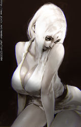 Rule 34 | 1girl, black background, breasts, cleavage, double tens, dress, facial mark, female focus, forehead mark, highres, large breasts, long hair, looking at viewer, monochrome, naruto, naruto (series), short dress, simple background, solo, tsunade (naruto), watermark, web address