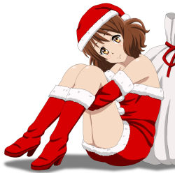 Rule 34 | 1girl, alternate costume, bare legs, bare shoulders, blush, boots, brown hair, christmas, closed mouth, cp9a, dress, elbow gloves, female focus, from side, full body, fur-trimmed boots, fur-trimmed dress, fur-trimmed gloves, fur-trimmed headwear, fur-trimmed sleeves, fur trim, gift bag, gloves, hat, head tilt, hibike! euphonium, high heel boots, high heels, hugging own legs, knees up, legs, long hair, looking at viewer, orange eyes, oumae kumiko, pom pom (clothes), red dress, red footwear, red gloves, red hat, red ribbon, ribbon, sack, santa boots, santa costume, santa hat, shadow, shiny skin, short dress, simple background, sitting, smile, solo, strapless, strapless dress, tube dress, white background