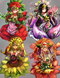 Rule 34 | 4girls, ^ ^, alraune, black hair, blonde hair, breasts, chirubime princess of autumn leaves, clenched hands, closed eyes, closed mouth, commentary request, detached sleeves, duel monster, elbow gloves, closed eyes, facing viewer, flower, gloves, grey background, hair ornament, half-closed eyes, hand fan, hand on own hip, hand on own cheek, hand on own face, hatano kiyoshi, highres, holding, holding fan, japanese clothes, long hair, looking at viewer, marina princess of sunflowers, monster girl, multiple girls, orange eyes, pink eyes, plant girl, red eyes, simple background, smile, talaya princess of cherry blossoms, tytannial princess of camellias, wide sleeves, yu-gi-oh!