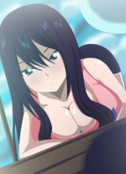 Rule 34 | 1girl, blue hair, boat, breasts, cleavage, fairy tail, female focus, highres, kunaix, leaning forward, lying, smile, solo, ultear milkovich, water, watercraft