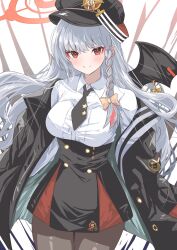 Rule 34 | 1girl, arms at sides, black hat, black necktie, black pantyhose, black skirt, blue archive, blush, braided sidelock, breasts, closed mouth, collared shirt, cowboy shot, grey hair, halo, haruna (blue archive), hat, high-waist skirt, highres, houji tea latte, jacket, large breasts, long hair, long sleeves, looking at viewer, necktie, off shoulder, open clothes, open jacket, pantyhose, peaked cap, pencil skirt, red eyes, shirt, shirt tucked in, sidelocks, skirt, smile, solo, straight hair, white shirt