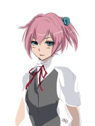 Rule 34 | 10s, 1girl, 2016, 4suke, black vest, blue eyes, dated, hair between eyes, hair ornament, kantai collection, open mouth, red ribbon, ribbon, shiranui (kancolle), short hair, short ponytail, short sleeves, signature, simple background, solo, upper body, vest, white background
