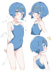 Rule 34 | 1girl, blue eyes, blue hair, blue one-piece swimsuit, blush, bright pupils, closed mouth, collarbone, commentary request, creatures (company), eyelashes, game freak, grin, hairband, highres, lana (pokemon), looking back, monmon (monmon k18), multiple views, nintendo, notice lines, one-piece swimsuit, pokemon, pokemon sm, short hair, smile, swimsuit, teeth, water drop, white background, white pupils, yellow hairband