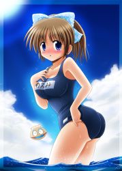 Rule 34 | 1girl, blue eyes, blush, bow, brown hair, cloud, day, hair bow, minami shinju, name tag, one-piece swimsuit, original, school swimsuit, shell, short hair, solo, submerged, swimsuit, wading, water, wet