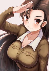 Rule 34 | 10s, 1girl, absurdres, blush, breasts, brown eyes, brown hair, chi-hatan military uniform, cleavage, collarbone, girls und panzer, highres, large breasts, long hair, looking at viewer, looking up, md5 mismatch, nishi kinuyo, okitsugu, salute, smile, solo, upper body