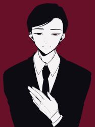 Rule 34 | 1boy, akahito (akaironotanin), black eyes, black hair, black necktie, closed mouth, collared shirt, earrings, formal, gloves, heterochromia, highres, jewelry, light smile, long sleeves, looking at viewer, male focus, monochrome, necktie, original, red background, red eyes, shirt, short hair, simple background, solo, suit, upper body, very short hair, white gloves, white shirt