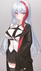 Rule 34 | 1girl, absurdres, ahoge, black thighhighs, blue hair, blush, breasts, closed mouth, coat, costone, cowboy shot, crosshair, crosshair pupils, grey hair, hair between eyes, hands in pockets, highres, impossible clothes, impossible shirt, lapels, large breasts, light blue hair, long hair, looking at viewer, multicolored hair, necktie, notched lapels, open clothes, open coat, original, pleated skirt, purple eyes, red hair, shirt, skirt, solo, streaked hair, thighhighs, zettai ryouiki