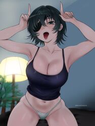 1girl armpits artist_name black_camisole black_hair blue_eyes breasts cameltoe camisole chainsaw_man cleavage eyepatch hands_up harutoyumaarts highres himeno_(chainsaw_man) horns_pose index_fingers_raised indoors lamp large_breasts navel open_mouth panties short_hair solo tongue tongue_out twitter_username underwear white_panties