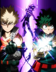 Rule 34 | 1girl, 5boys, ankle boots, arms at sides, bakugou katsuki, belt, belt pouch, black background, black footwear, black pants, blonde hair, blu-ray cover, bodysuit, boku no hero academia, boots, bright pupils, buckle, cel shading, chimera (boku no hero academia), claws, clenched hand, closed mouth, collarbone, cover, covered face, curly hair, detached sleeves, diffraction spikes, explosive, eyebrows hidden by hair, eyes in shadow, floating, floating hair, freckles, furrowed brow, gloves, glowing, glowing eyes, gradient background, green bodysuit, green eyes, green gloves, green hair, grenade, hair between eyes, hand up, hasaki kiruka, highres, light, light rays, long hair, looking at viewer, looking back, mask, mask around neck, midoriya izuku, mouth mask, multiple boys, mummy (boku no hero academia), neon trim, nine (boku no hero academia), official art, pants, pouch, power suit, purple background, red belt, red eyes, sanpaku, serious, shoe soles, short hair, side-by-side, silhouette, sleeveless, snap-fit buckle, spiked hair, split mouth, straight-on, sunburst, sword, tank top, third-party source, tube, turning head, umakoshi yoshihiko, upper body, utility belt, v-neck, v-shaped eyebrows, weapon, white gloves, white pupils, wrist guards, x