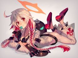 Rule 34 | 1girl, alternate hairstyle, ass, belt, black footwear, blush, bodysuit, braid, candy, closed mouth, spiked halo, fingernails over gloves, food, full body, grey bodysuit, guilty gear, hair between eyes, halo, jack-o&#039; valentine, lollipop, long hair, looking at viewer, lying, on stomach, red eyes, red hair, shoes, sidelocks, silver hair, smile, solo, suzunashi, twin braids