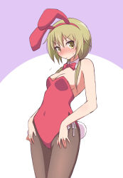 Rule 34 | 1girl, animal ears, blonde hair, blush, bow, bowtie, detached collar, fake animal ears, ichii yui, long hair, low twintails, mel (artist), mel (melty pot), pantyhose, playboy bunny, rabbit ears, rabbit tail, solo, standing, tail, twintails, yellow eyes, yuyushiki