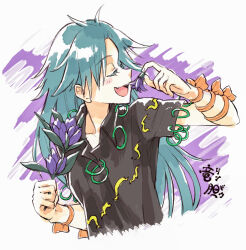 Rule 34 | 1girl, aqua hair, arm up, black shirt, blush stickers, bow, closed eyes, collared shirt, commentary request, cropped torso, facing to the side, flower, himemushi momoyo, hisona (suaritesumi), holding, holding flower, holding plant, jewelry, long hair, open mouth, orange bow, plant, profile, purple background, purple flower, ring, shirt, short sleeves, smile, solo, touhou, upper body, white background, wrist bow