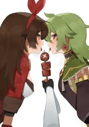 Rule 34 | 3girls, amber (genshin impact), breasts, brown hair, brown shirt, capelet, chicken-mushroom skewer (genshin impact), collei (genshin impact), commentary request, crossed bangs, detached sleeves, drooling, flasso, food, genshin impact, green capelet, green hair, hair ribbon, highres, holding, holding food, jacket, leaning forward, looking at viewer, lumine (genshin impact), multiple girls, open mouth, partial commentary, pov, red eyes, red jacket, red ribbon, ribbon, shirt, small breasts, tongue, tongue out, upper body, white background, white sleeves, yellow eyes