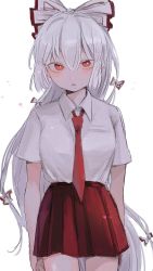Rule 34 | 1girl, adapted costume, arms at sides, blurry, blush, bow, breasts, commentary request, cowboy shot, depth of field, expressionless, eyebrows hidden by hair, fujiwara no mokou, hair between eyes, hair bow, heart, highres, large breasts, long hair, looking at viewer, necktie, parted lips, pleated skirt, plumapple3, red eyes, red necktie, red skirt, shirt, short sleeves, simple background, skirt, solo, sparkle, touhou, upturned eyes, very long hair, white background, white bow, white hair, white shirt, wing collar