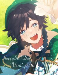 Rule 34 | 1boy, black hair, blue eyes, blush, bow, braid, gami ww, genshin impact, grass, green hat, hat, highres, holding, holding instrument, holding lyre, instrument, male focus, open mouth, solo, teeth, twin braids, upper teeth only, venti (genshin impact)