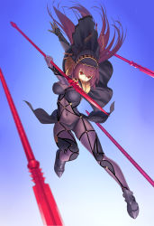Rule 34 | 1girl, aiming, armor, armored boots, black panties, blue background, blurry, bodysuit, boots, breasts, circlet, covered navel, depth of field, fate/grand order, fate (series), floating hair, full body, gae bolg (fate), gem, gloves, gradient background, highres, holding, holding weapon, landing, large breasts, long hair, looking at viewer, motion blur, outstretched arm, panties, pauldrons, polearm, purple bodysuit, purple hair, red eyes, scathach (fate), shade, shoulder armor, solo, spear, tsukikanade, underwear, veil, very long hair, weapon
