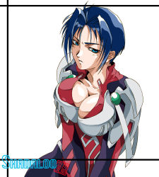 Rule 34 | 1girl, antenna hair, armor, balrog (shadaloo tachikawa shibu), banpresto, blue eyes, blue hair, blush, bodysuit, breastplate, breasts, breasts squeezed together, bursting breasts, cleavage, framed, gem, hair intakes, large breasts, looking at viewer, matching hair/eyes, namco, open mouth, parted bangs, parted lips, pauldrons, pilot suit, shadaloo, short hair, shoulder armor, simple background, solo, super robot wars, unfastened, upper body, v arms, viletta badam, viletta vadim, white background
