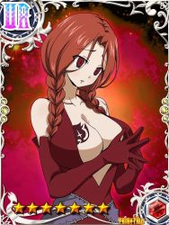 Rule 34 | 1girl, braid, breast tattoo, breasts, card (medium), cleavage, crazy eyes, curvy, dress, elbow gloves, embarrassed, fairy tail, female focus, flare corona, gloves, large breasts, long hair, low twintails, matching hair/eyes, official art, red dress, red eyes, red gloves, red hair, scar, shiny skin, solo, standing, tattoo, twin braids, twintails
