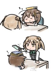 Rule 34 | 2girls, artist name, black hair, black serafuku, book, book on head, braid, chair, chibi, closed eyes, curse (023), dated, double bun, dress, hair bun, hair flaps, hair over shoulder, kantai collection, light brown hair, michishio (kancolle), multiple girls, object on head, pinafore dress, remodel (kantai collection), school uniform, serafuku, shigure (kancolle), short twintails, simple background, sleeping, sleeveless dress, stacking, table, teeth, twintails, upper teeth only, white background, zzz