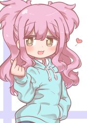 Rule 34 | 1girl, :3, :d, aqua hoodie, brown eyes, commentary, drawstring, finger heart, hair between eyes, hand in pocket, highres, hood, hood down, light blush, long hair, long sleeves, looking at viewer, nagase miyako, niwasan111, onii-chan wa oshimai!, open mouth, pink hair, sidelocks, simple background, smile, solo, two side up, upper body, white background, wing collar