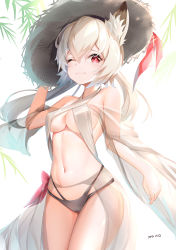 Rule 34 | 1girl, absurdres, animal ear fluff, animal ears, bare shoulders, bikini, chinese commentary, commentary request, cowboy shot, criss-cross halter, fox ears, hair between eyes, halterneck, hand up, hat, highres, long hair, looking at viewer, minoominoomi, multi-strapped bikini, navel, one eye closed, original, red eyes, silver hair, simple background, solo, standing, stomach, swimsuit, thighs, white background