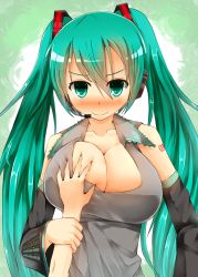Rule 34 | 1girl, bad id, bad pixiv id, grabbing another&#039;s breast, breasts, cleavage, deep skin, detached sleeves, facominn, grabbing, green eyes, green hair, guided breast grab, guiding hand, hatsune miku, headset, highres, large breasts, long hair, smile, twintails, vocaloid