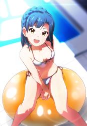 Rule 34 | 10s, 1girl, :d, ball, between thighs, bikini, blue hair, blurry, braid, breasts, dated, depth of field, exercise ball, french braid, from above, front-tie top, highres, idolmaster, idolmaster million live!, kabayaki unagi, lens flare, looking at viewer, looking up, nanao yuriko, navel, open mouth, side-tie bikini bottom, sitting, small breasts, smile, solo, string bikini, sweat, swimsuit, twitter username, white bikini, yellow eyes