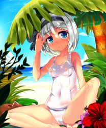 Rule 34 | 1girl, barefoot, beach, blue eyes, blue sky, blush, breasts, cameltoe, cloud, collarbone, covered erect nipples, covered navel, day, flower, full-face blush, hairband, konpaku youmu, looking at viewer, nipples, ocean, one-piece swimsuit, open mouth, outdoors, see-through, shade, short hair, silver hair, sitting, sky, small breasts, solo, swimsuit, t.o.d, touhou, tree, tree shade, wet, wet clothes, wet swimsuit