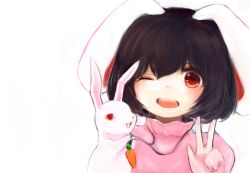 Rule 34 | 1girl, animal ears, bad id, bad pixiv id, black hair, rabbit, rabbit ears, carrot, carrot necklace, dress, hand puppet, highres, inaba tewi, jewelry, maccha cocoa, maccha cocoa (mococo), necklace, one eye closed, open mouth, pendant, pink dress, puppet, red eyes, short hair, smile, solo, touhou, turtleneck, upper body, v, wink