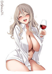 Rule 34 | 1girl, alcohol, bottomless, breasts, cleavage, collarbone, cowboy shot, cup, dress shirt, drinking glass, ebifurya, grey hair, highres, kantai collection, large breasts, long hair, naked shirt, navel, no bra, one-hour drawing challenge, open clothes, open shirt, pola (kancolle), shirt, smile, solo, thick eyebrows, twitter username, wavy hair, white background, white shirt, wine, wine glass