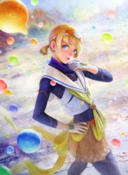 Rule 34 | 1girl, blonde hair, blue eyes, blue scarf, blurry, blush, bodysuit, brown skirt, collar, colorful, copyright request, cowboy shot, depth of field, emblem, gloves, green ribbon, hairband, hand on own chest, hand on own hip, head tilt, highres, light smile, lips, looking at viewer, marble (toy), nababa, original, parted lips, ribbon, scarf, short hair, short ponytail, skin tight, skirt, solo, standing, white gloves