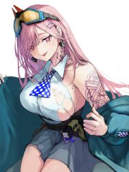 Rule 34 | 1girl, absurdres, arm tattoo, bare shoulders, blue jacket, breasts, collared shirt, commentary request, commission, earrings, fang, girls&#039; frontline, goggles, goggles on head, hair ornament, hair over one eye, hairclip, highres, jacket, jewelry, large breasts, long hair, looking at viewer, mole, mole on breast, mole under eye, neck tattoo, open mouth, pink hair, pleated skirt, red eyes, removing jacket, shirt, sideboob, sig mcx (girls&#039; frontline), simple background, skeb commission, skin fang, skirt, smile, solo, taser, tattoo, torn clothes, torn shirt, white background, white shirt, wuming (vkfu8353)