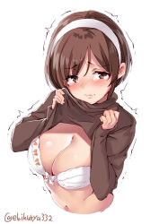Rule 34 | 1girl, blush, bow, bow bra, bra, breasts, brown eyes, brown hair, brown shirt, cleavage, clothes lift, contemporary, cropped torso, ebifurya, embarrassed, from above, hairband, highres, kantai collection, large breasts, lifted by self, lips, looking at viewer, natori (kancolle), navel, nose blush, pink lips, shiny skin, shirt, shirt lift, short hair, simple background, solo, stomach, tears, trembling, turtleneck, underwear, upper body, white background, white bra