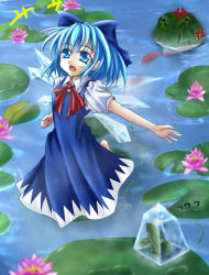 Rule 34 | 1girl, bow, cirno, female focus, frog, gr (artist), lily pad, outdoors, solo, embodiment of scarlet devil, touhou