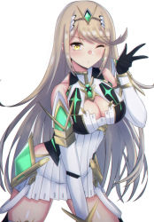 Rule 34 | 1girl, absurdres, bare legs, bare shoulders, blonde hair, blowing kiss, breasts, chest jewel, cleavage, cleavage cutout, clothing cutout, dress, earrings, elbow gloves, gloves, highres, jewelry, large breasts, latte, long hair, mythra (xenoblade), short dress, solo, swept bangs, thigh strap, tiara, very long hair, white dress, white gloves, xenoblade chronicles (series), xenoblade chronicles 2, yellow eyes