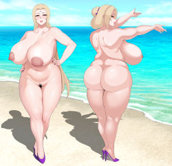 Rule 34 | 1girl, absurdres, ass, blonde hair, breasts, brown eyes, cleavage, highres, huge breasts, large areolae, large nipples, naruto, naruto (series), naruto shippuuden, nipples, nude, plump, smile, thick thighs, thighs, tsunade (naruto)