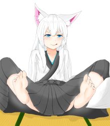 Rule 34 | 1girl, animal ears, barefoot, blue eyes, blush, feet, fox girl, highres, japanese clothes, licking lips, long hair, soles, steam, tail, tatami, toes, tongue, tongue out, white hair
