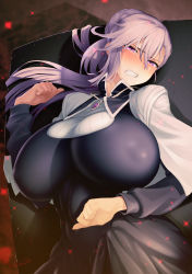Rule 34 | 1girl, angry, blush, breasts, clenched hands, clenched teeth, collared shirt, commentary request, couch, covered erect nipples, emilia ludowell, from above, hair between eyes, hair bun, high ponytail, highres, huge breasts, jewelry, koma440, light purple hair, long hair, looking at viewer, lying, maou gakuin no futekigousha, necklace, on back, purple eyes, shirt, single hair bun, single sidelock, skirt, teacher, teeth