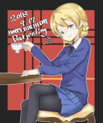 Rule 34 | 1girl, artist name, black necktie, black pantyhose, blonde hair, blue eyes, blue skirt, blue sweater, braid, chair, character name, closed mouth, crossed legs, cup, darjeeling (girls und panzer), dated, dress shirt, english text, girls und panzer, half-closed eyes, happy birthday, highres, holding, holding cup, long sleeves, looking at viewer, miniskirt, necktie, outline, pantyhose, plaid, plaid background, pleated skirt, school uniform, shirt, short hair, signature, sitting, skirt, smile, solo, st. gloriana&#039;s school uniform, sweater, table, teacup, toon (noin), twin braids, v-neck, white outline, white shirt, wing collar