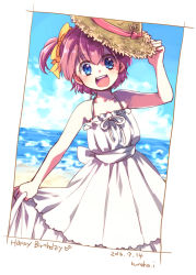 Rule 34 | 10s, 1girl, 2016, :d, arc the lad, arc the lad ii, beach, blue eyes, bow, choko (arc the lad), collarbone, dated, dress, hair bow, happy birthday, hat, izumi kouyou, looking at viewer, open mouth, pink hair, short hair, side ponytail, signature, smile, solo, sun hat, sundress, water, white dress, yellow bow
