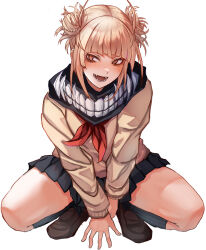 Rule 34 | 1girl, bags under eyes, black skirt, blonde hair, blunt bangs, boku no hero academia, brown footwear, cardigan, double bun, fangs, full body, hair bun, highres, kneehighs, loafers, messy hair, neckerchief, open mouth, pleated skirt, red neckerchief, shoes, simple background, skirt, slit pupils, socks, solo, squatting, thighs, toga himiko, v arms, white background, yellow cardigan, yellow eyes, zundakun0123