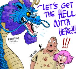 Rule 34 | !, !!, 1girl, 2boys, :o, aged down, alternate universe, artist name, bartholomew kuma, blood on clothes, child, devil fruit, drag queen, dragon, dragon horns, emporio ivankov, english text, eyelashes, ginny (one piece), highres, horns, injury, looking at another, multiple boys, one piece, open mouth, pink hair, purple hair, shirt, short hair, signature, simple background, surprised, toadgashi, torn clothes, torn shirt, white background