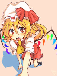 Rule 34 | 1girl, all fours, ascot, black socks, blonde hair, brown background, collared shirt, flandre scarlet, frilled shirt collar, frilled sleeves, frills, full body, hair between eyes, hat, long hair, looking at viewer, mob cap, multicolored wings, no shoes, one side up, open mouth, puffy short sleeves, puffy sleeves, red eyes, red skirt, red vest, ryannari, shirt, short sleeves, simple background, skirt, socks, solo, teeth, touhou, upper teeth only, vest, white hat, white shirt, wings, yellow ascot