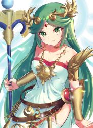 Rule 34 | ancient greek clothes, armlet, bare shoulders, breasts, chiton, collar, dress, forehead jewel, gold, green eyes, green hair, highres, jewelry, kid icarus, kid icarus uprising, laurel crown, long hair, nintendo, norimaki (nrmk norinori), palutena, parted bangs, pendant, side slit, single thighhigh, strapless, strapless dress, thighhighs, vambraces, very long hair, white dress