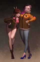 Rule 34 | 2girls, ;), american flag, arm around waist, asymmetrical hair, bad id, bad twitter id, bare legs, black hair, blue footwear, blue pants, boots, breasts, brown eyes, brown footwear, brown hair, brown jacket, buckle, casual, closed mouth, collar, cross-laced footwear, crossed legs, d.va (overwatch), dark-skinned female, dark skin, drawstring, eyebrows, eyelashes, eyeliner, eyeshadow, facepaint, facial mark, full body, fur-trimmed jacket, fur trim, hand on another&#039;s hip, hand on own hip, hand up, headgear, high collar, high heels, highres, hood, hood down, hoodie, jacket, knee boots, lace-up boots, layered clothes, leaning forward, leg up, legs, lipstick, long hair, long sleeves, makeup, mascara, medium breasts, mole, mole under eye, multicolored hair, multiple girls, no socks, nose, one eye closed, open clothes, open jacket, open mouth, overwatch, overwatch 1, pants, patch, pimo (pinkmojitodiary), purple eyes, purple lips, shoes, short shorts, shorts, side-by-side, sidecut, sleeves past wrists, smile, sombra (overwatch), standing, standing on one leg, strap, thigh gap, two-tone hair, undercut, v, whisker markings, white shorts, yellow jacket